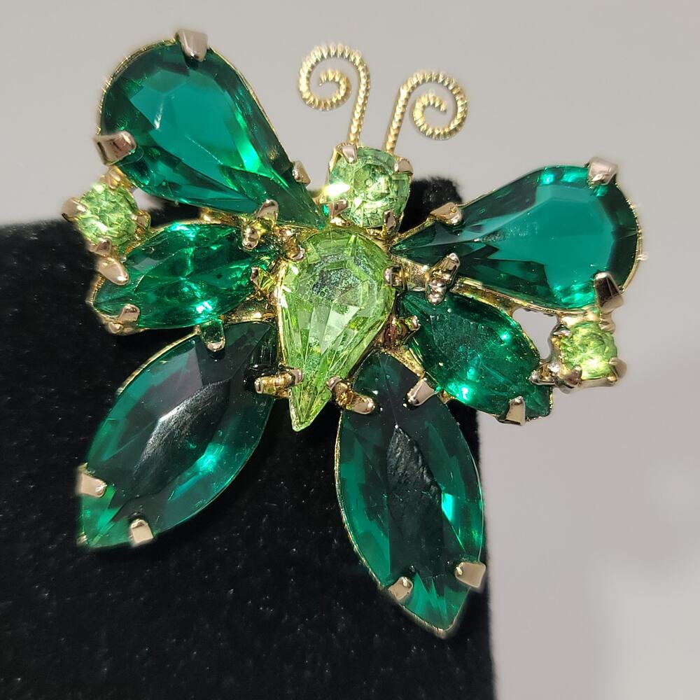 Vintage Gold-tone Lime &  Emerald  Rhinestone Butterfly Brooch